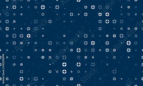 Seamless background pattern of evenly spaced white lifebuoy symbols of different sizes and opacity. Vector illustration on dark blue background with stars