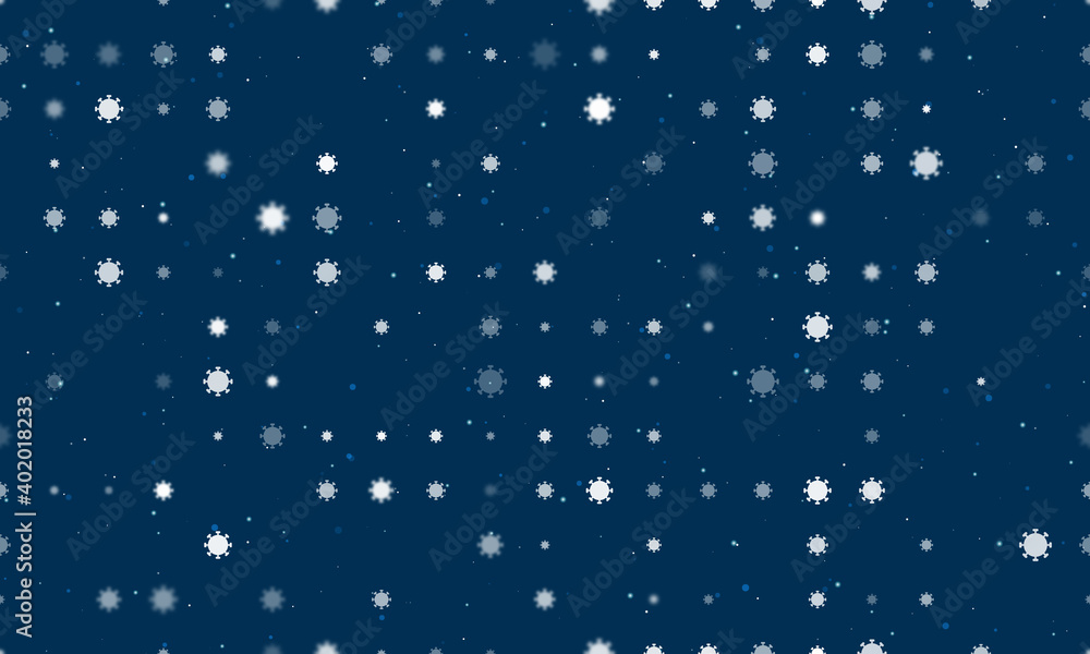 Seamless background pattern of evenly spaced white coronavirus symbols of different sizes and opacity. Vector illustration on dark blue background with stars