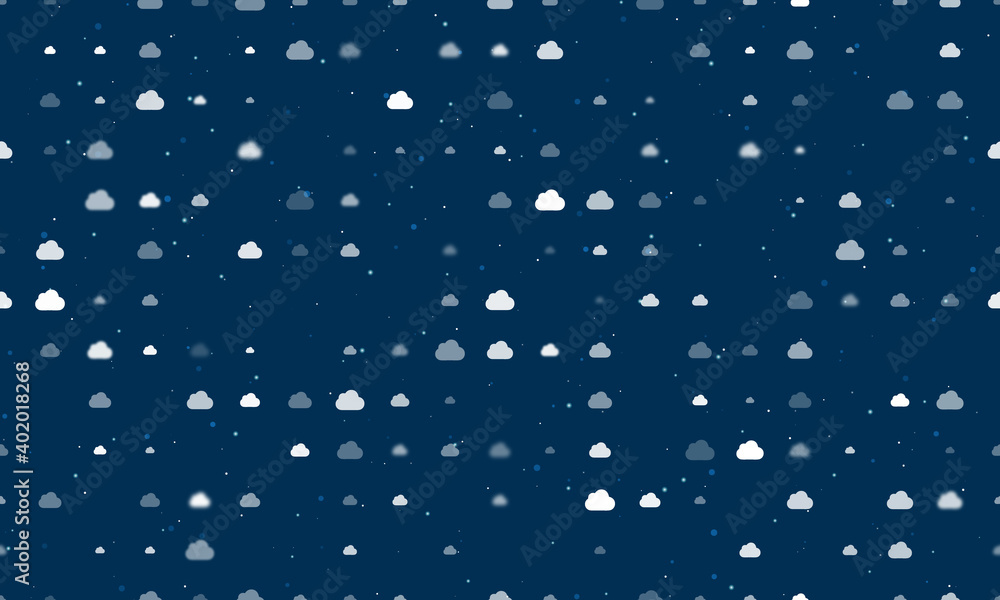 Seamless background pattern of evenly spaced white cloud symbols of different sizes and opacity. Vector illustration on dark blue background with stars