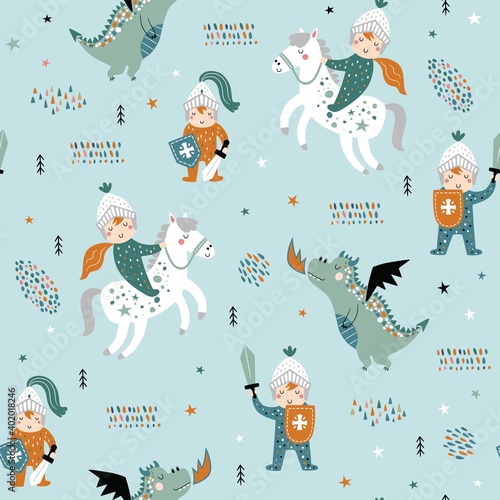 Childish seamless pattern with knight, dragon and castle. Perfect for kids design, fabric, wrapping, wallpaper, textile, apparel