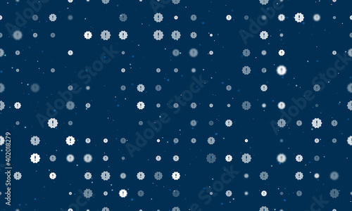 Seamless background pattern of evenly spaced white warning symbols of different sizes and opacity. Vector illustration on dark blue background with stars