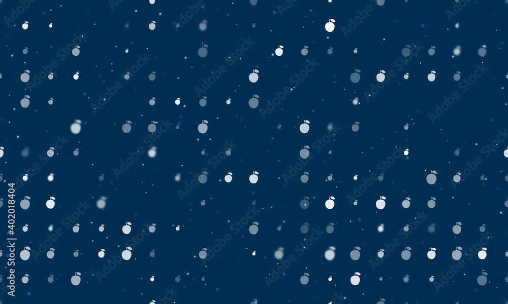 Seamless background pattern of evenly spaced white apple symbols of different sizes and opacity. Vector illustration on dark blue background with stars