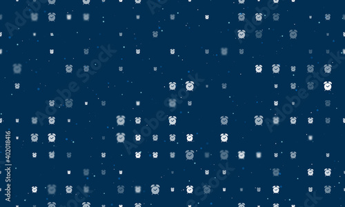 Seamless background pattern of evenly spaced white alarm clock symbols of different sizes and opacity. Vector illustration on dark blue background with stars