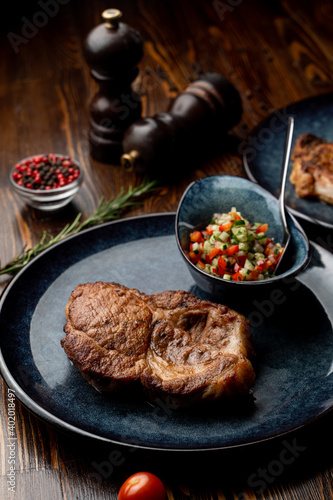 Meat restaurant photo for a food magazine, masculine atmosphere