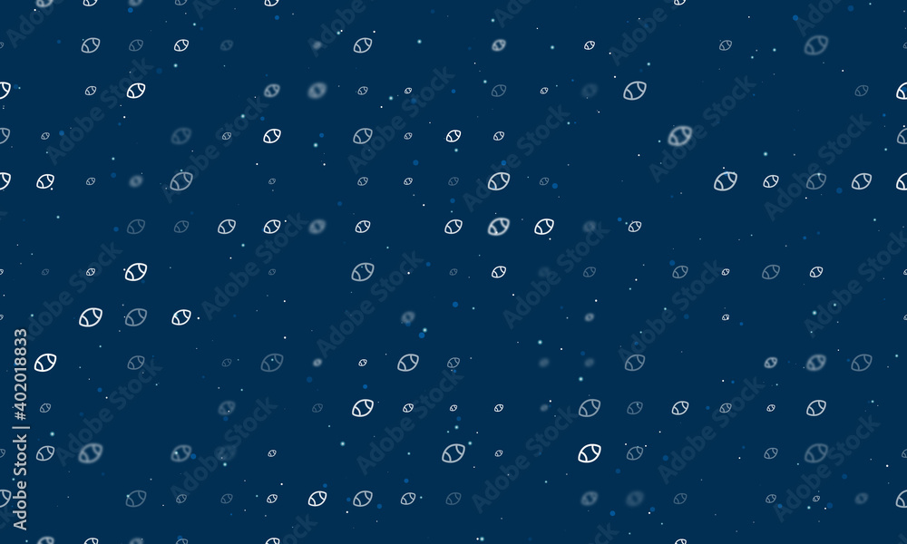 Seamless background pattern of evenly spaced white rugby symbols of different sizes and opacity. Vector illustration on dark blue background with stars