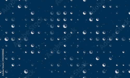 Seamless background pattern of evenly spaced white yin yang symbols of different sizes and opacity. Vector illustration on dark blue background with stars