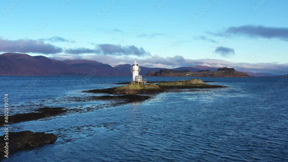 Aerial view of Sager Bhuidhe Lighthouse, loch linnhe and offshore islands on the west coast of the argyll region of the highlands of Scotland during winter Aerial view of Sager Bhuidhe Lighthouse, loch linnhe and offshore islands on the west coast of the argyll region of the highlands of Scotland during winter
