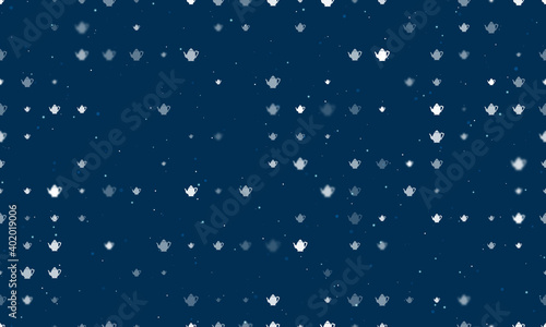 Seamless background pattern of evenly spaced white teapots of different sizes and opacity. Vector illustration on dark blue background with stars