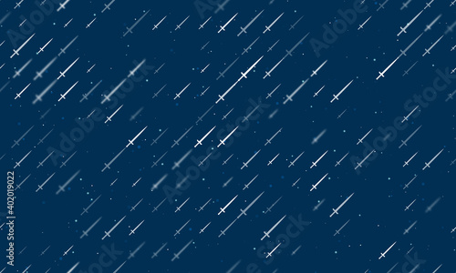 Seamless background pattern of evenly spaced white sword symbols of different sizes and opacity. Vector illustration on dark blue background with stars