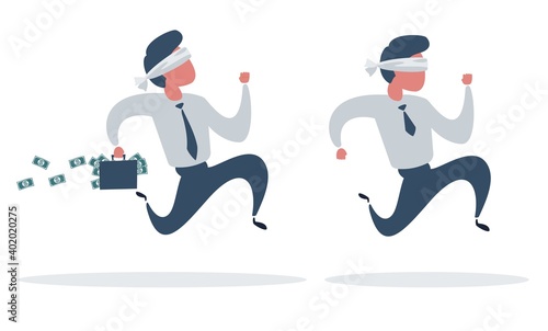 A blindfold businessman running with briefcase, business, energetic, dynamic concept. Vector illustration, flat design, cartoon style, isolated background.