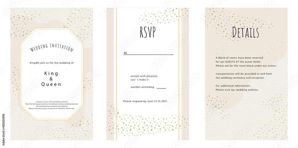結婚式招待状セット、タイトル、rsvp、details、テンプレート、レース、ゴールドのドットのエレガントなカード
