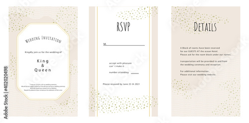 結婚式招待状セット、タイトル、rsvp、details、テンプレート、レース、ゴールドのドットのエレガントなカード