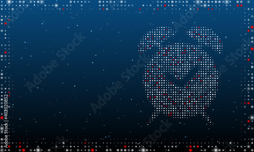 On the right is the alarm clock symbol filled with white dots. Pointillism style. Abstract futuristic frame of dots and circles. Some dots is red. Vector illustration on blue background with stars photo