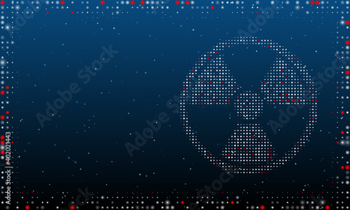 On the right is the radiation symbol filled with white dots. Pointillism style. Abstract futuristic frame of dots and circles. Some dots is red. Vector illustration on blue background with stars