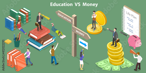 3D Isometric Flat Vector Conceptual Illustration of Education VS Money, Investment in Learning and Development.