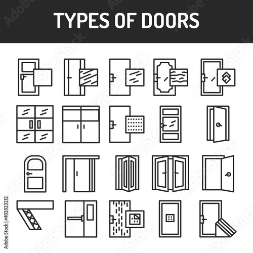 Types of doors black line icons set. Material steel. Isolated vector element. Outline pictograms for web page, mobile app, promo
