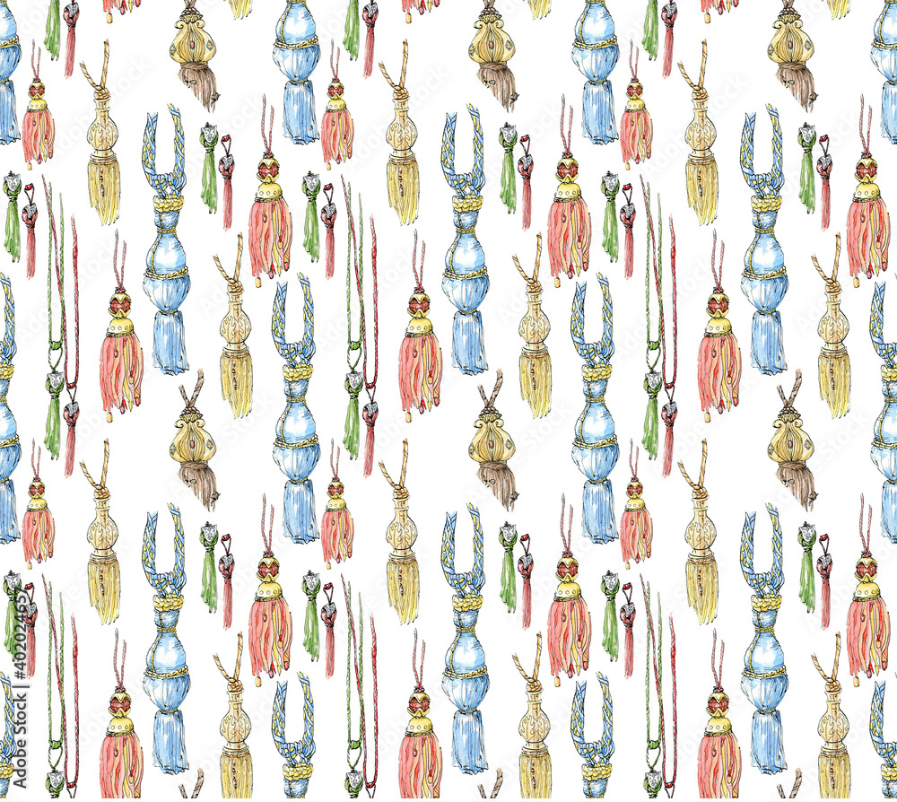 Pattern of curtain brushes isolated on a white background. Watercolor illustration of a bunch of fringe (tassels) on a rope, hanging window curtain decorative design element.