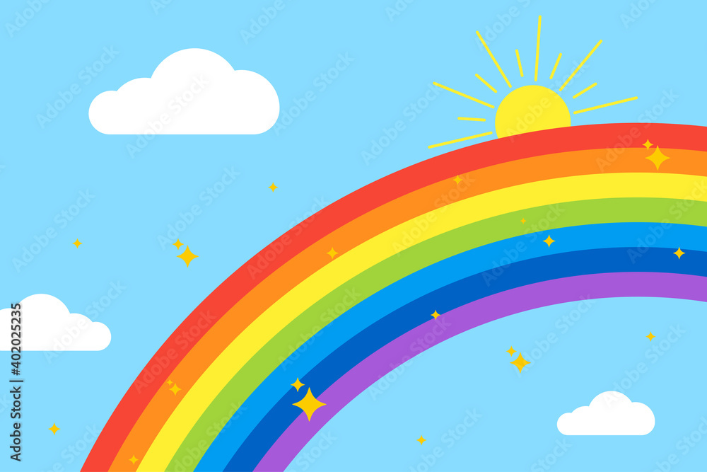 Rainbow background. Sky with rainbow, clouds, sun and stars. Isolated on light blue background. Vector illustration. Rainbow background. Sky with rainbow, clouds, sun and stars. Isolated on light blue background. Vector illustration.