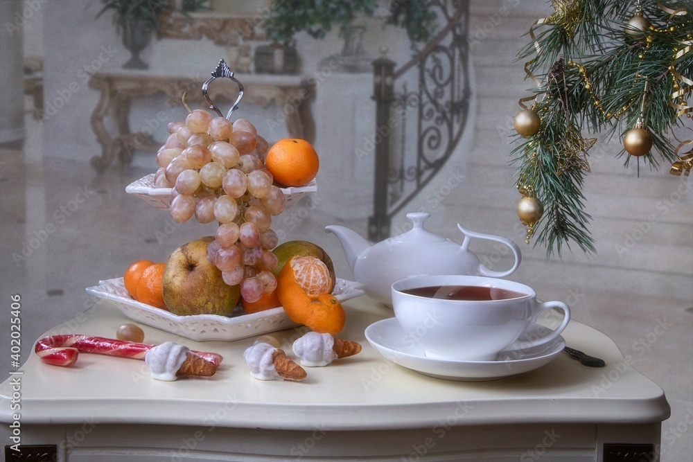 Still life with Christmas tea table setting Still life with Christmas tea table setting