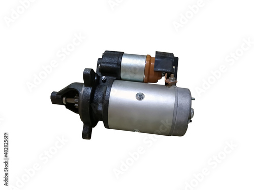 Car starter with solenoid Assembly on an isolated white background. Spare parts.