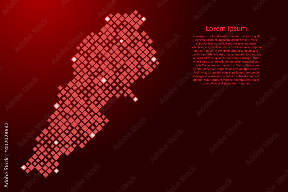 Lebanon map from red pattern rhombuses of different sizes and glowing space stars grid. Vector illustration. Lebanon map from red pattern rhombuses of different sizes and glowing space stars grid. Vector illustration.