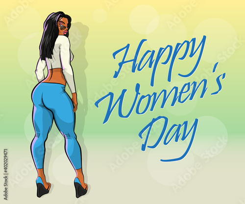 Slim girl on the background "Happy Women's Day" banner. Sexy woman in front of abstract board banner. Elegant lady on the background Happy Women's Day poster. Advertising discount sale poster