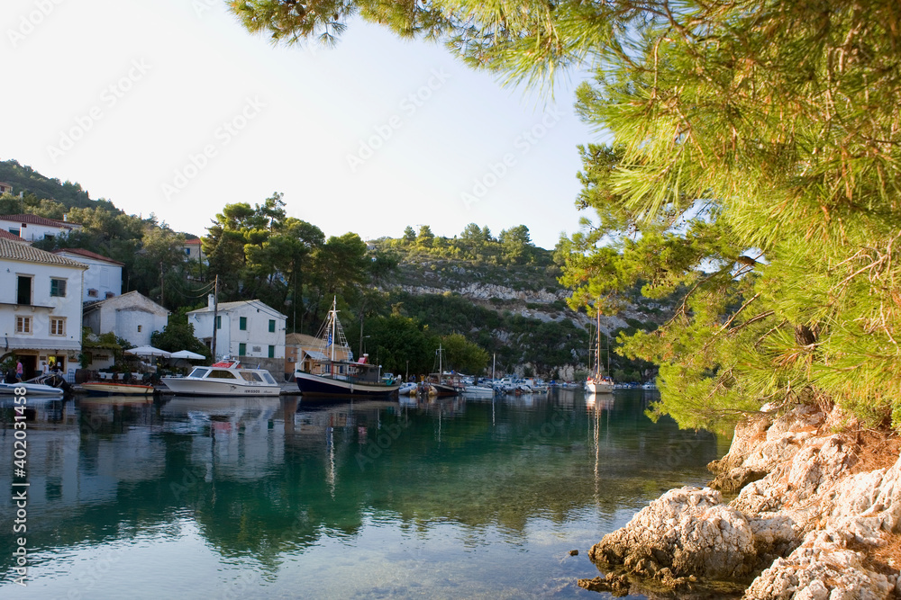 Gaios harbour, from the islet of Aghios Nikolaos, Paxos, Ionian Islands, Greece