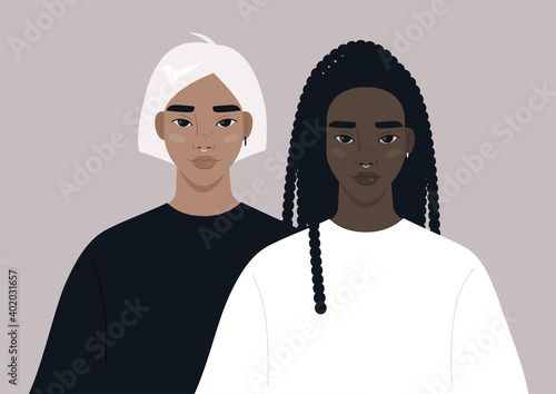 Two young female characters standing next to each other, diversity and individuality, modern youth