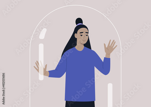 Social distancing concept, a young female worried Asian character leaning on the glass dome wall, depression and mental health issues