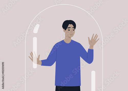 Social distancing concept, a young male worried Asian character leaning on the glass dome wall, depression and mental health issues