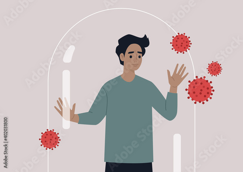 Social distancing concept, a young male worried character leaning on the glass dome wall, coronavirus outbreak
