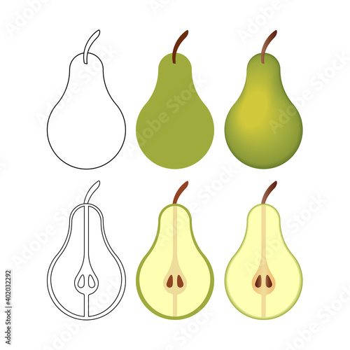 Isolated vector illustration pears set. Green pear, whole and cut in half.