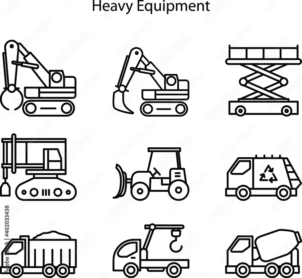 Construction machinery. Heavy road equipment trucks, forklifts and