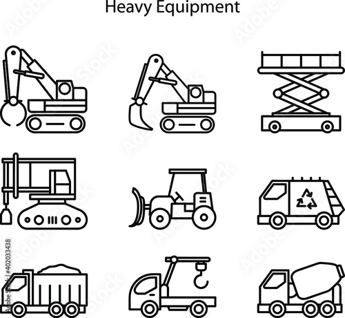 Construction machinery. Heavy road equipment trucks, forklifts and tractors, excavation crane truck isolated vector illustration set. Equipment transportation construction, heavy equipment icons