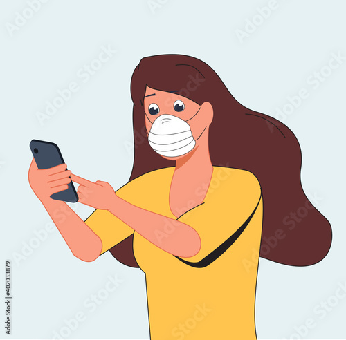 Shocked girl adult wears medical mask looks into her smartphone. Coronavirus. Portrait of a panicking woman. Vector flat illustration. Human hand holding smart phone
