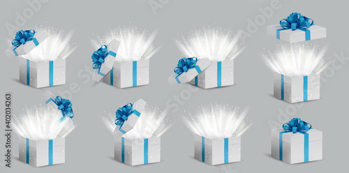Collection Gift white box in a blue ribbon and bow on top. Opened and closed Holiday box with sparkles inside and bright rays of light. Celebration decoration objects. Vector illustration.
