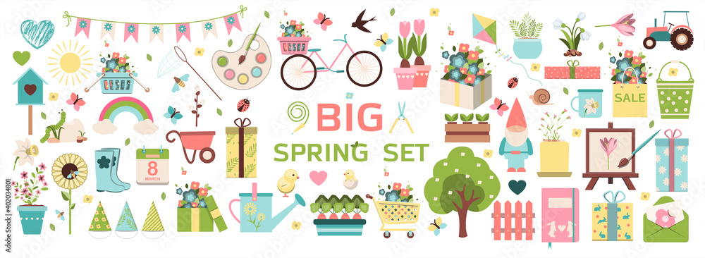 Big spring set. Vector garden tools, flowers. Flat design. Cute icons for a website, app, sale, or ad. Birds, plants, insects and Easter items