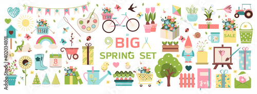 Big spring set. Vector garden tools  flowers. Flat design. Cute icons for a website  app  sale  or ad. Birds  plants  insects and Easter items