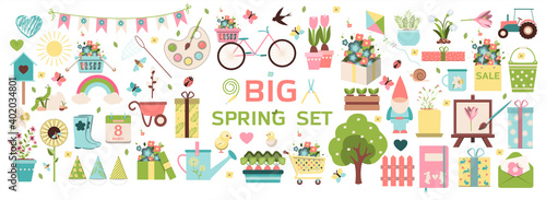 Big spring set. Vector garden tools, flowers. Flat design. Cute icons for a website, app, sale, or ad. Birds, plants, insects and Easter items