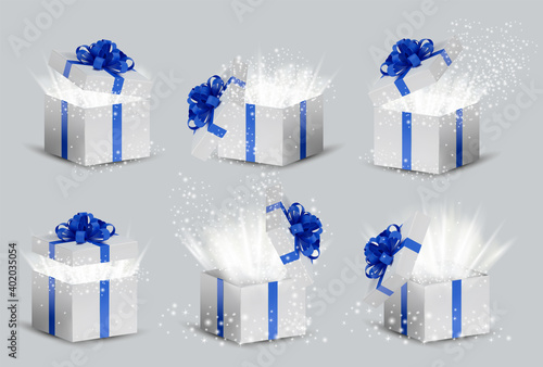 Collection White box in a blue ribbon and bow on top. Opened Holiday box with glowing glitter sparkles and bright rays of light inside. Celebration decoration objects. Vector illustration