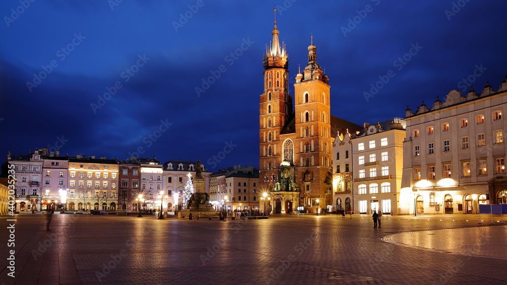 Night cityscape of  Krakow, Poland, Main Market Square with  Saint Marys Church