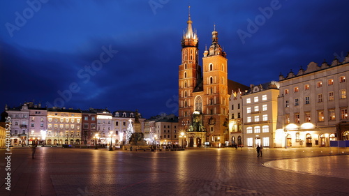 Night cityscape of Krakow, Poland, Main Market Square with Saint Marys Church