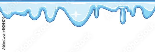 Flows of blue fluid. Sliding snow, ice. Custard. Thick flowing paint. Slime. The drops are slipping. The isolated object on a white background. Flat cartoon style. Shine. Frame. Vector