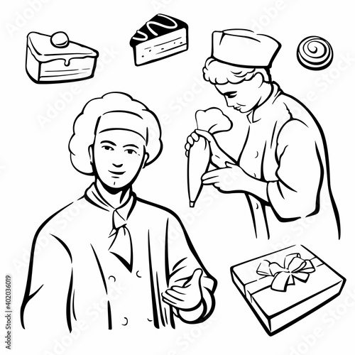 Cook and piece of Cake. Set vintage vector symbols and icon