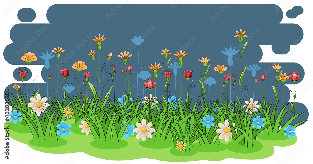 Blooming meadow with grass, flowers. Green night landscape. Cartoon style. Fabulous vector illustration. Background image isolated on white. Beautiful natural view. Wild plants. Rural scene. Summer