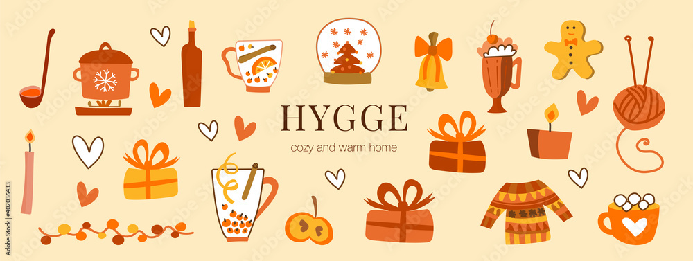 Cute vector set of hygge stickers. Cute illustration winter and christmas hygge elements. Scandinavian style with hygge lettering. Drinks, gifts, sweater. Cute vector set of hygge stickers. Cute illustration winter and christmas hygge elements. Scandinavian style with hygge lettering. Drinks, gifts, sweater.
