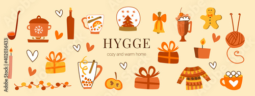 Cute vector set of hygge stickers. Cute illustration winter and christmas hygge elements. Scandinavian style with hygge lettering. Drinks, gifts, sweater.