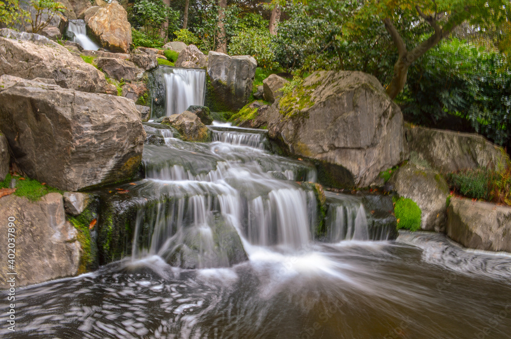 waterfall in the forest, London, Kyoto gardens, Holland park. waterfall in the forest, London, Kyoto gardens, Holland park.