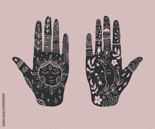 Decorative hands with  Moon and Sun in boho style. Vector illustration.
