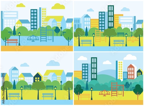 Public space with lawn and trees for walking and relaxingpark in the city with children playground. Vector urban landscape background illustration.